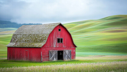 Obraz premium A picturesque red barn stands amidst rolling green hills under a cloudy sky, showcasing rural tranquility and agricultural charm.