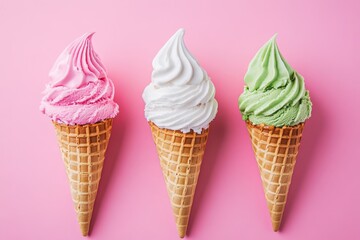 Colorful ice cream cones on pink background