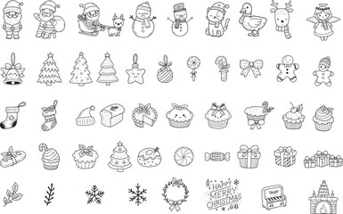 Cute Christmas element cartoon bundle outline,hand drawn, for Christmas ,kids,baby animal characters, card.vector illustration