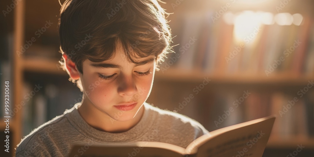 Aufkleber A close-up shows a student reading a book in class, with a soft background and warm lighting emphasizing focus and immersion in learning activities