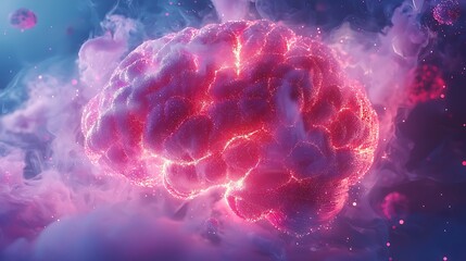 A glowing human brain emerges from smoke, light particles swirling around in an abstract vision.