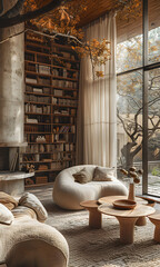 A Serene Home Library Interior in a Soft Minimalism Style
