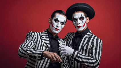 Two mimes in black and white striped suits pose together against a red background, showcasing expressive face paint and coordinated costumes.