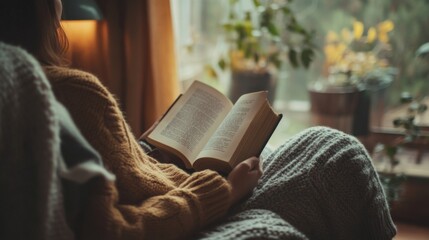 Woman reading a book in a cozy armchair by a window.