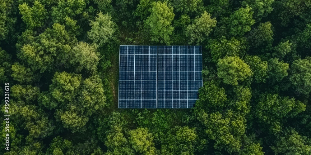 Poster a solar panel installation in a forested area, symbolizing the integration of renewable energy in co
