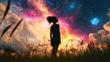 Gorgeous black model standing in a summer field under a galaxy-filled night sky, with constellations and colorful planets