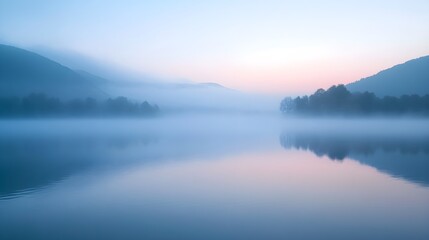 Fototapeta premium A serene image of drifting fog hovering over a still lake at dawn, creating an ethereal and tranquil atmosphere. The soft, muted colors of the early morning sky reflect gently on the water's 