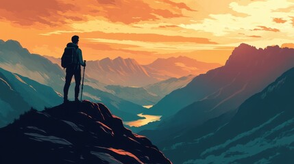 Fototapeta premium Hiker silhouetted against the horizon, standing on a mountain summit with an awe-inspiring view of cliffs, valleys, and a radiant sky.
