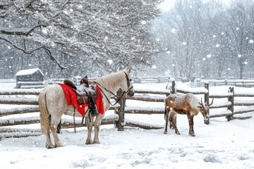 Snowy winter scene with horse and deer in a rural landscape