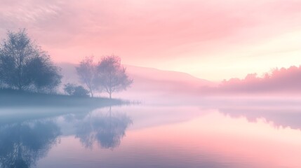Fototapeta premium An enchanting depiction of a foggy lake at dawn, where delicate wisps of mist gently drift across the water's surface, creating a dreamlike quality. The scene is bathed in soft pastel hues as 