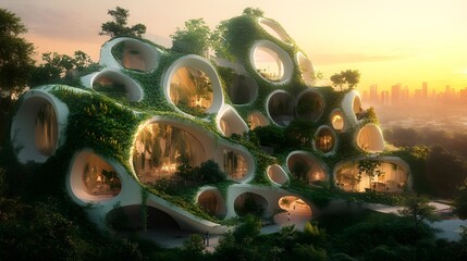 An imaginative representation of living architecture, illustrating buildings that appear to evolve like natural organisms. The designs feature undulating walls, transparent surfaces, and organic 