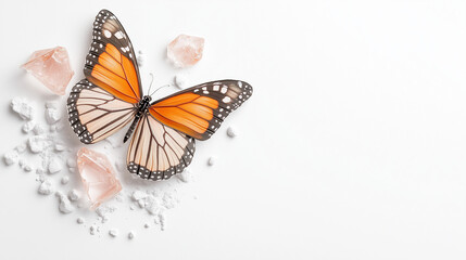 Obraz premium A delicate orange and white butterfly rests gracefully amidst soft pink stones on a serene background filled with tranquility and beauty