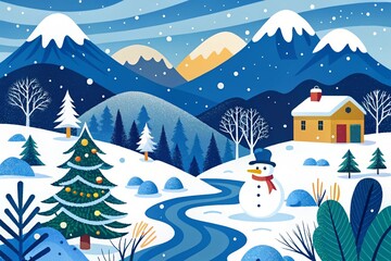 Ilustración de una una tarjeta de navidad con un muñeco de nieve, árbol de navidad y casa al fondo