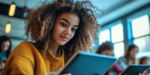 A close-up shows a student using a tablet in class, focusing on the interactive screen and engaged expression, as a bright classroom setting emphasizes the role of techno