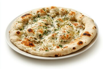 Crispy naan with butter and herbs on a wooden plate, isolated on a white background.