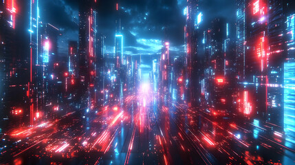 Obraz premium Neon Cityscape: A Futuristic Urban Landscape with Glowing Lights