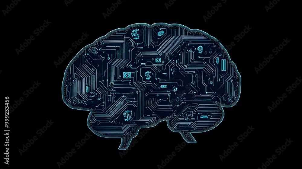 Poster a stylized brain made of electronic circuitry, symbolizing the intersection of technology and intell