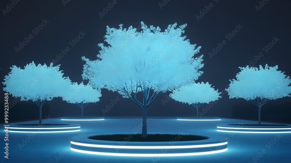 Aufkleber a serene scene of glowing blue trees illuminated in a dark space, creating a mystical and tranquil a
