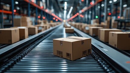 Beneath the bright lights, packages flow swiftly on conveyor belts in a bustling distribution center during peak operational hours
