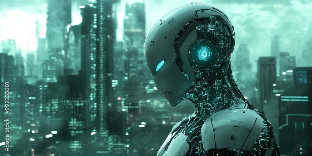 Poster a humanoid robot in a cyberpunk scene, featuring sleek metallic features, glowing circuits, and a mo