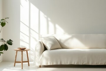 A hemp fabric sofa cover in a minimalist living room, with soft sunlight streaming in