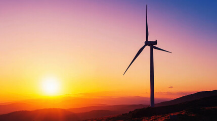 Obraz premium Silhouette of a wind turbine on a hill at sunset, with a vibrant purple and orange sky creating a serene and picturesque setting.