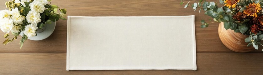 Soft hemp fabric table runner with earthy tones, laid out on a wooden dining table with fresh flowers
