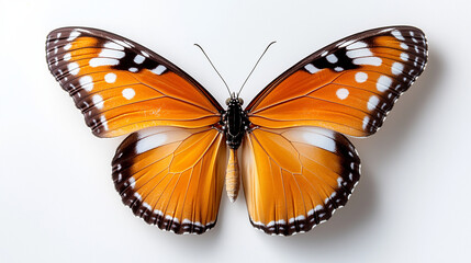 Fototapeta premium A vibrant queen butterfly showcasing its intricate details against a pristine white background, captured in stunning clarity