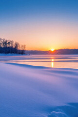 A serene winter sunrise over a snow-covered landscape by a frozen lake, casting a warm golden glow on the cold scenery.