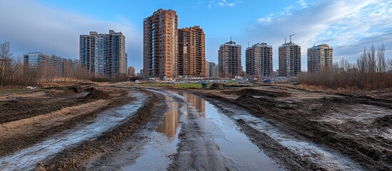 Fototapeta premium A muddy path leads towards a row of modern apartment buildings under a partly cloudy sky.