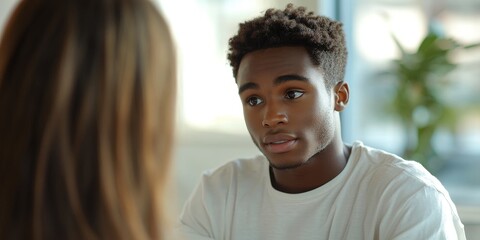 A therapist and patient engage in a calm conversation, with a close-up on compassionate eye contact, as a bright setting highlights the importance of mental health care