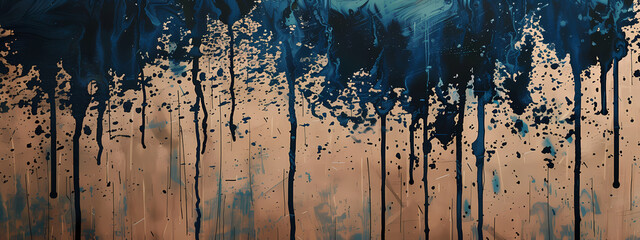 An abstract artwork showcasing dark blue paint drips against a warm, golden background, creating a striking contrast and dynamic texture.
