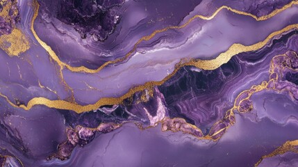Fototapeta premium Iridescent purple marble stone with intricate gold veins, a luxurious geode design ideal for abstract wallpaper