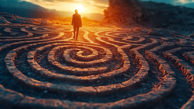 A silhouette walks through a stone spiral maze at sunset, an exploration of mystery and purpose.
