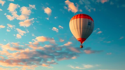 Fototapeta premium Hot watercolor air balloon in the blue sky with clouds