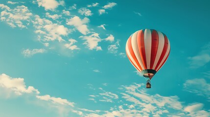 Hot watercolor air balloon in the blue sky with clouds