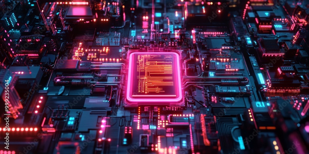 Poster A detailed look at an advanced AI core, surrounded by neon-lit circuits and data streams, set in a dark cyberpunk world.