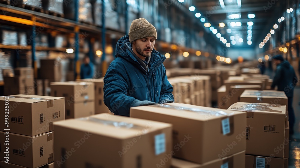 Poster workers sorting and organizing boxes in a bustling warehouse for efficient transportation and logist