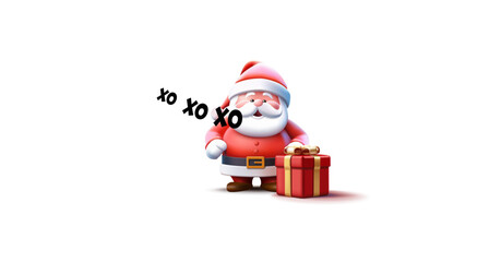 Cute funny Santa Claus with a red gift, 3D. Merry Santa exclaims Ho ho ho. For advertising concepts of the celebration of Merry Christmas and New Year. Vector illustration.