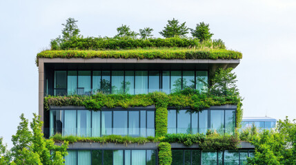 Fototapeta premium Modern multi-story green building with extensive vegetation on the rooftop and balconies, showcasing sustainable architecture in an urban setting.