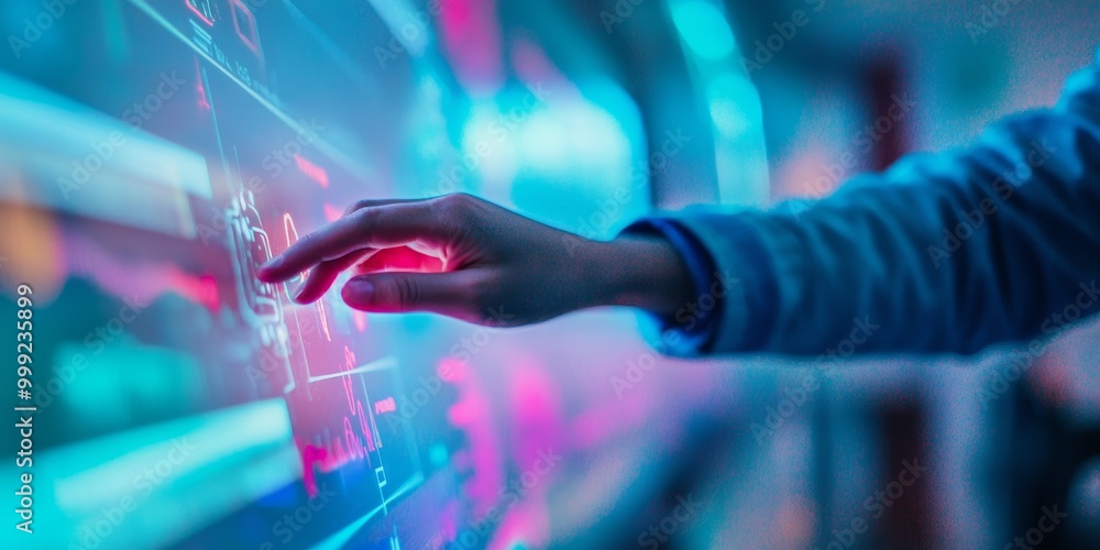 Aufkleber a teacher uses a smartboard to present, with a close-up on their hand and digital content, as bright