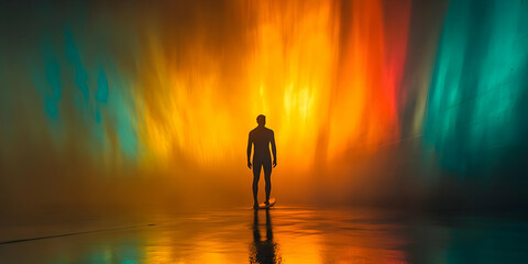 Silhouette of a Man Standing on a Platform with a Colorful, Abstract Light Background