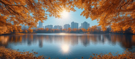 Obraz premium Calm autumn lake with city skyline in the background framed by orange trees.