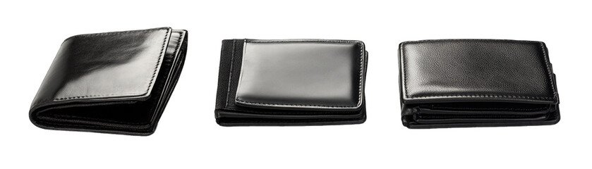 Black Leather Wallets in Different Designs On. Isolated on a Transparent Background. Cutout PNG.