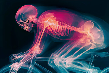 Skeleton of a Cyclist Riding a Bicycle, Rendered in X-Ray Style with a Vibrant Color Palette