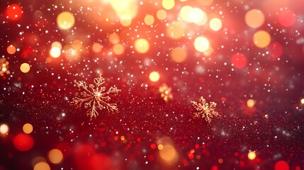 Glittering red Xmas background with snowflakes and lights. Merry Christmas banner