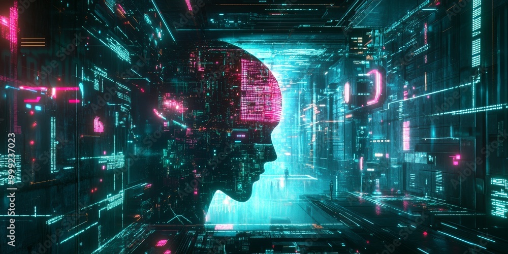 Poster A detailed look at an advanced AI core, surrounded by neon-lit circuits and data streams, set in a dark cyberpunk world.