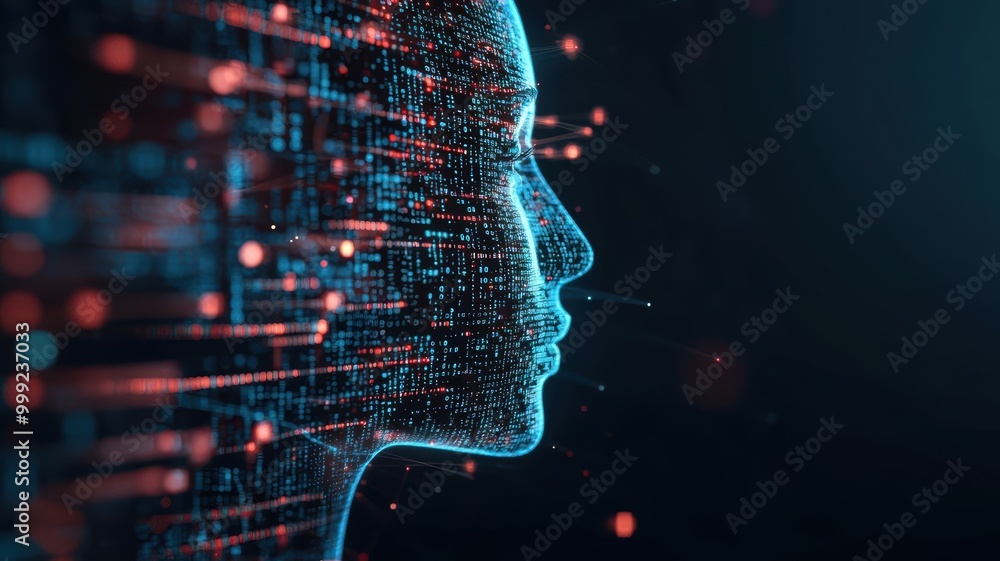 Poster a futuristic digital portrait representing the fusion of technology and humanity, showcasing data fl