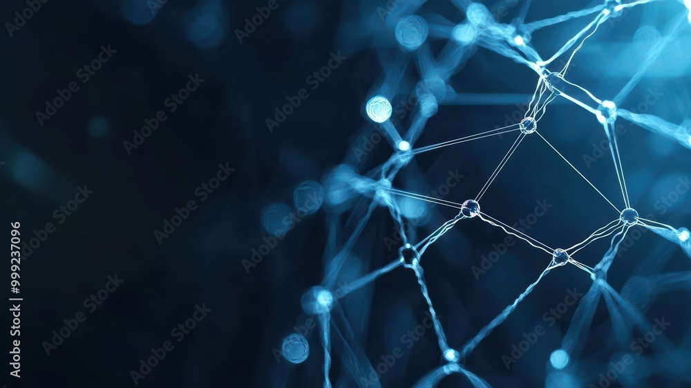 Poster abstract blue network background with interconnected nodes and lines, symbolizing technology and con