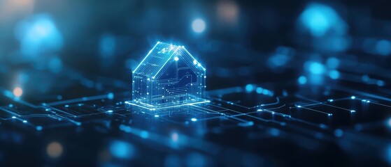 A futuristic house model over a digital circuit background, symbolizing technology and smart home innovation in vibrant blue tones.
